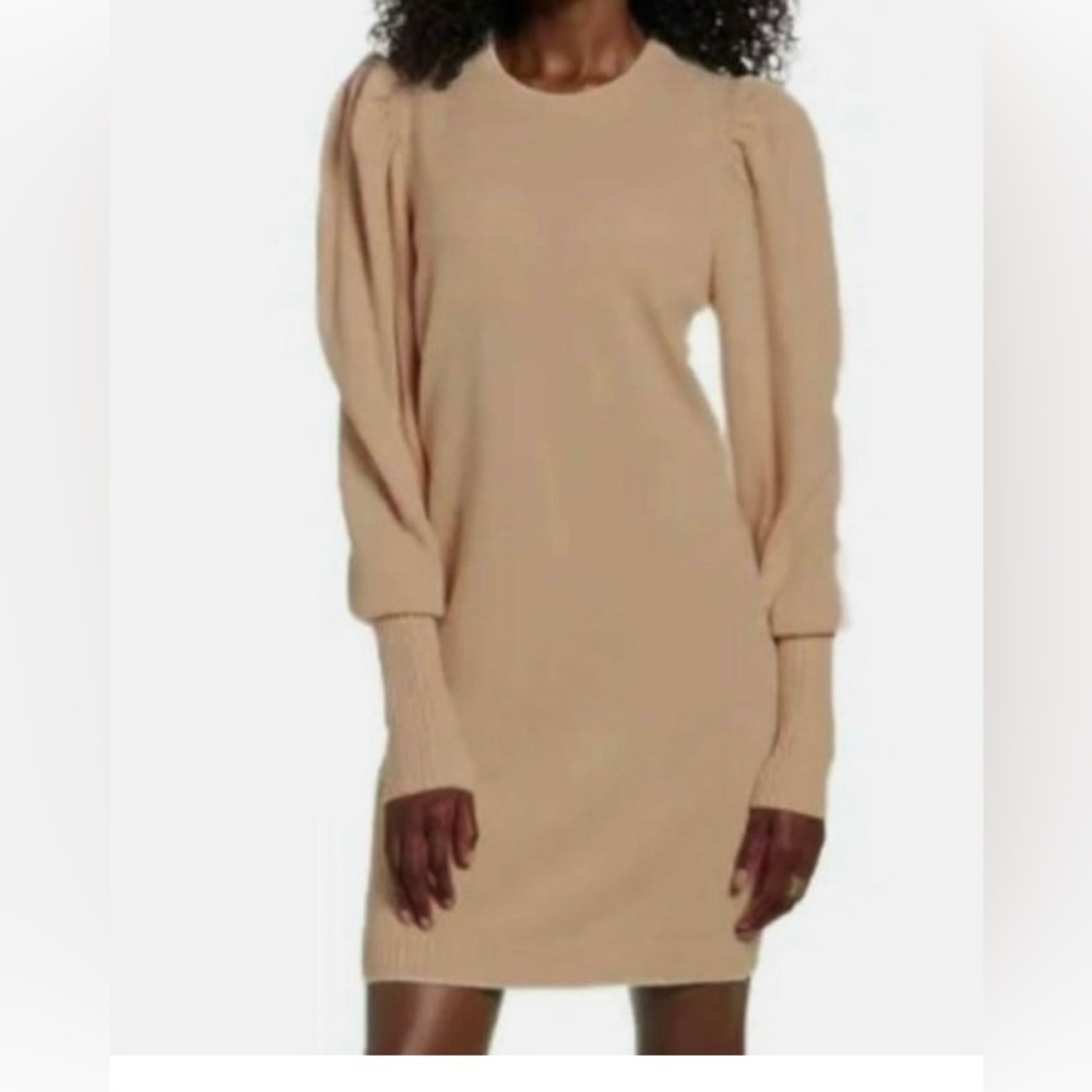 Wayf Beige Puff-Sleeve Sweater Dress